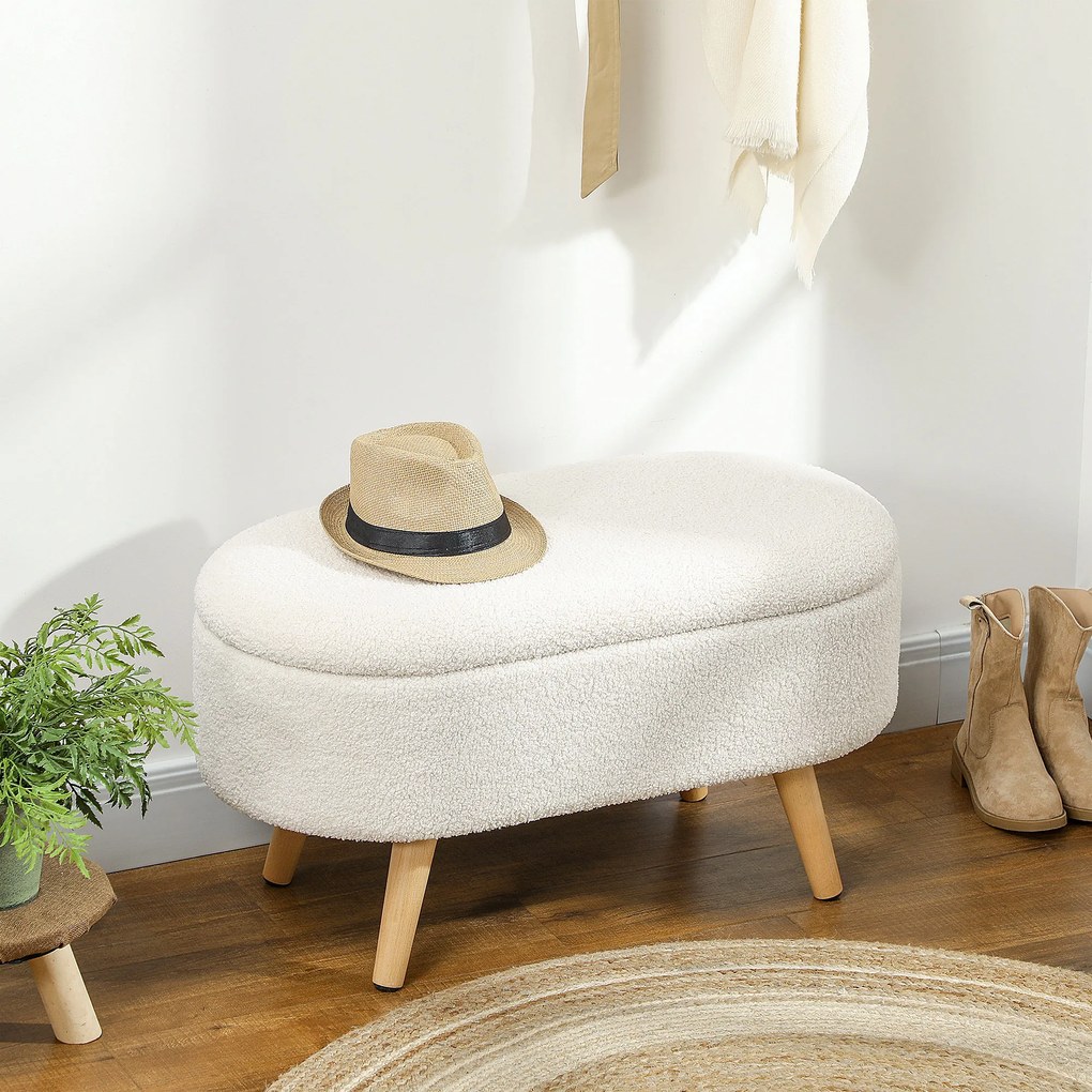 HOMCOM Πάγκος με Αποθηκευτικό Χώρο και Καπάκι, Υποπόδιο για Διάδρομο, Σαλόνι, Υπνοδωμάτιο, Ξύλο, Υφασμάτινο Κάλυμμα, Λευκό