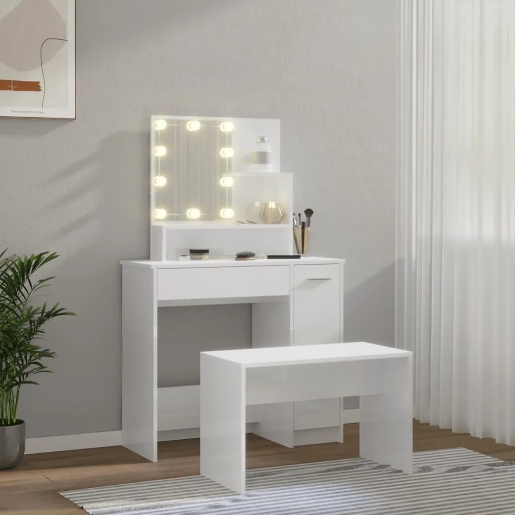vidaXL Μπουντουάρ Σετ με LED Γυαλιστερό λευκό από Επεξεργασμένο Ξύλο