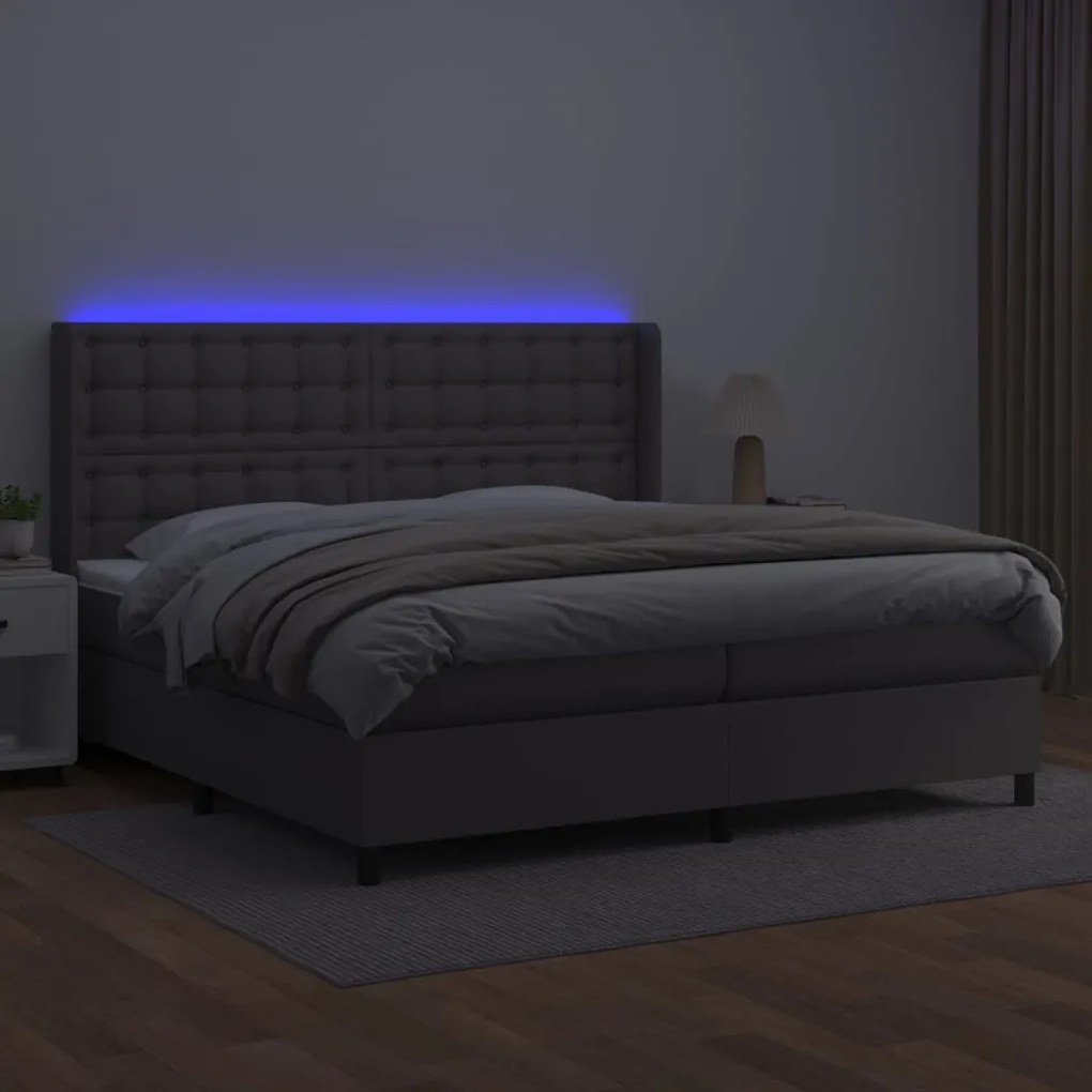 vidaXL Κρεβάτι Boxspring με Στρώμα & LED Γκρι 200x200 εκ. Συνθ. Δέρμα