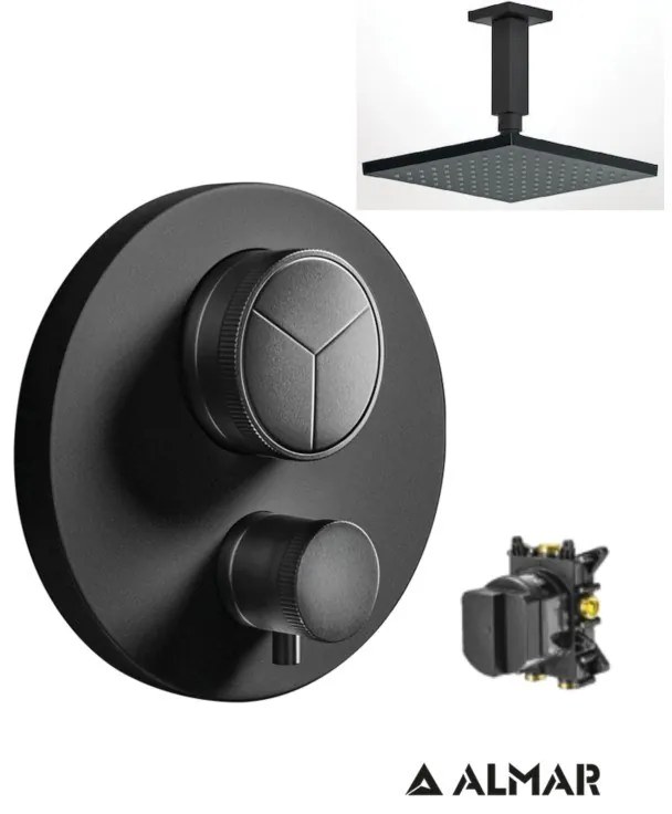 Almar Black matt Ανακλινόμενη κεφαλή 20εκ+Thermo-Core Push Θερμοστατικός μίκτης εντοιχισμού+κιτ εντοιχισμού