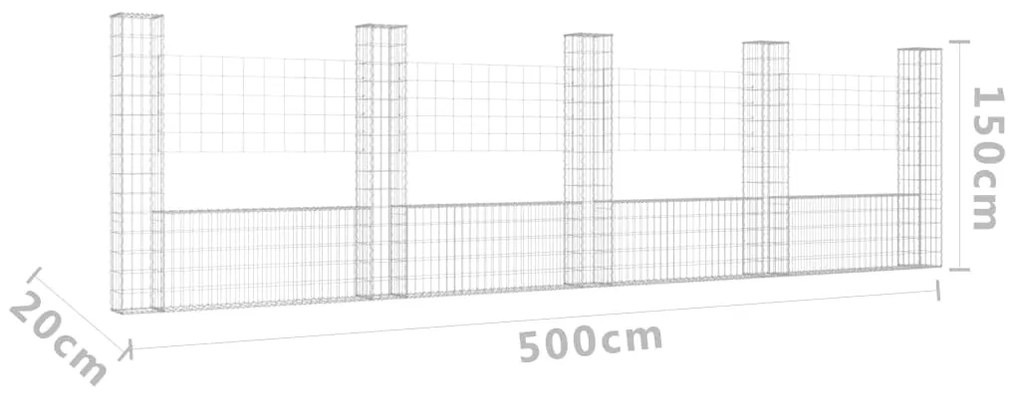 Συρματοκιβώτιο σε U Σχήμα με 5 Στύλους 500x20x150 εκ Σιδερένιο - Ασήμι