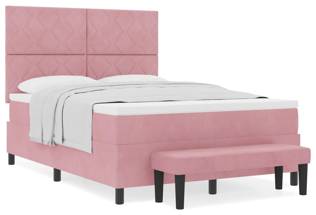 vidaXL Κρεβάτι Box Spring με Στρώμα & Πάγκο Ροζ 140x190 εκ Βελούδο