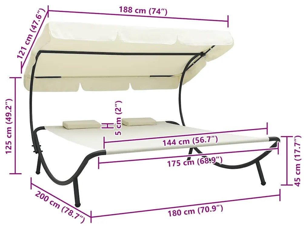 vidaXL Ξαπλώστρα - Κρεβάτι Διπλή Λευκό Κρεμ με Σκίαστρο και Μαξιλάρια