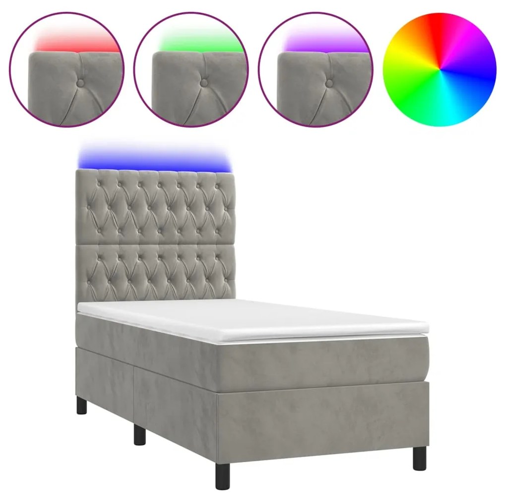 Κρεβάτι Boxspring με Στρώμα &amp; LED Αν.Γκρι 80x200 εκ. Βελούδινο - Γκρι