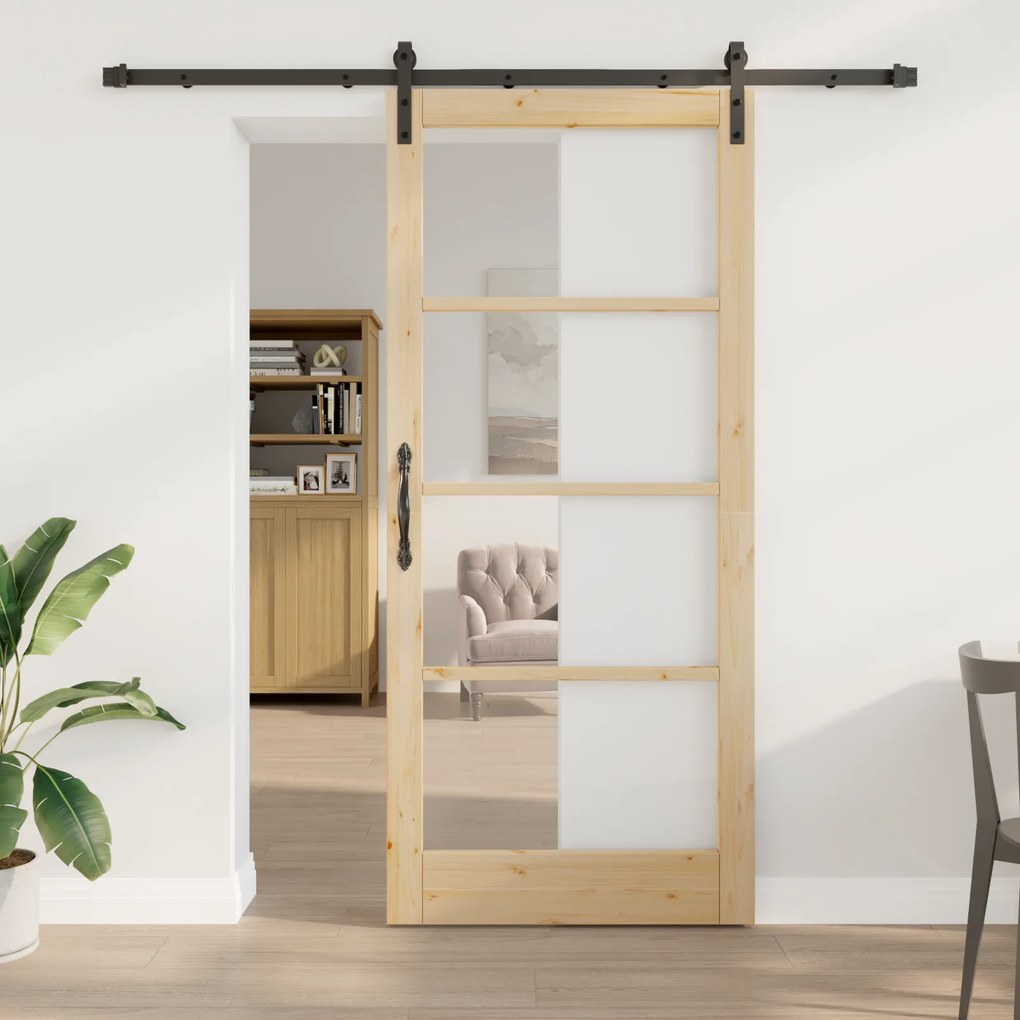 vidaXL Συρόμενη Πόρτα Καφέ 93 x 211 εκ. Μασίφ ξύλο πεύκου