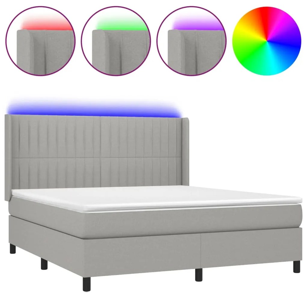 vidaXL Κρεβάτι Boxspring με Στρώμα & LED Αν.Γκρι 180x200εκ. Υφασμάτινο