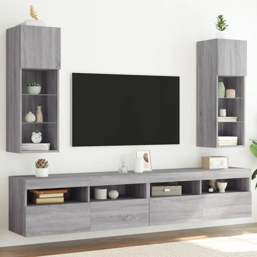 vidaXL Έπιπλα Τηλεόρασης με LED 2 τεμ. Γκρι Sonoma 30,5x30x90 εκ.