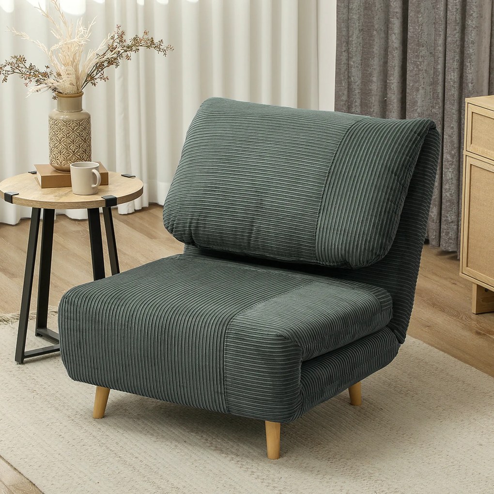 HOMCOM 2-σε-1 πολυθρόνα-κρεβάτι, ρυθμιζόμενο προσκέφαλο, εμφάνιση κοτλέ, 82 cm x 87 cm x 89 cm Πράσινο