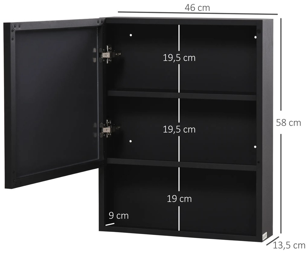 Ντουλάπι καθρέφτης kleankin, 2 εσωτερικά ράφια, ανοιχτό ράφι, σκελετός από ατσάλι, μαύρο, 46 x 13,5 x 58 εκ.