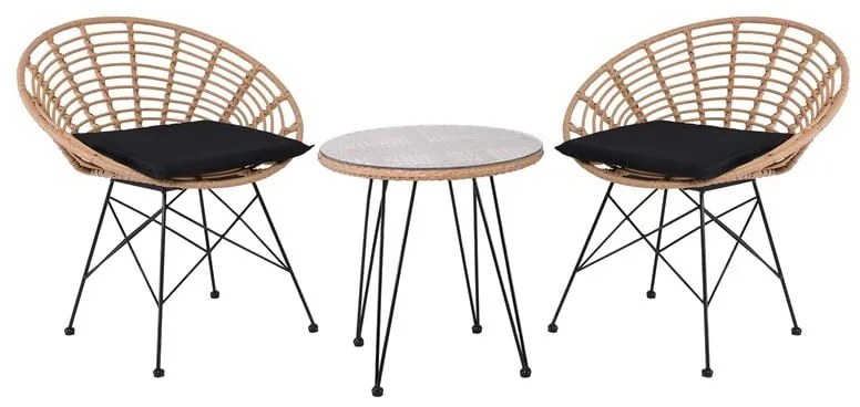 SALSA Coral Coffee Set Κήπου Μέταλλο Μαύρο - Γυαλί - Wicker Φυσικό: Τραπεζάκι+2 Πολυθρόνες TableΦ52x53 Armchair72x62x81cm