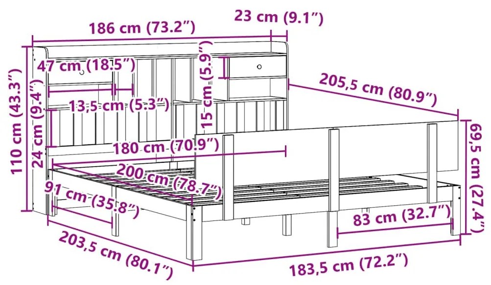 Κρεβάτι Βιβλιοθήκη Χωρίς Στρώμα 180x200 εκ Μασίφ Ξύλο Πεύκου - Καφέ