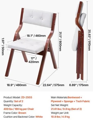 VEVOR Wooden Folding Chairs with Padded Cushion and Wooden Frame White Set of 2