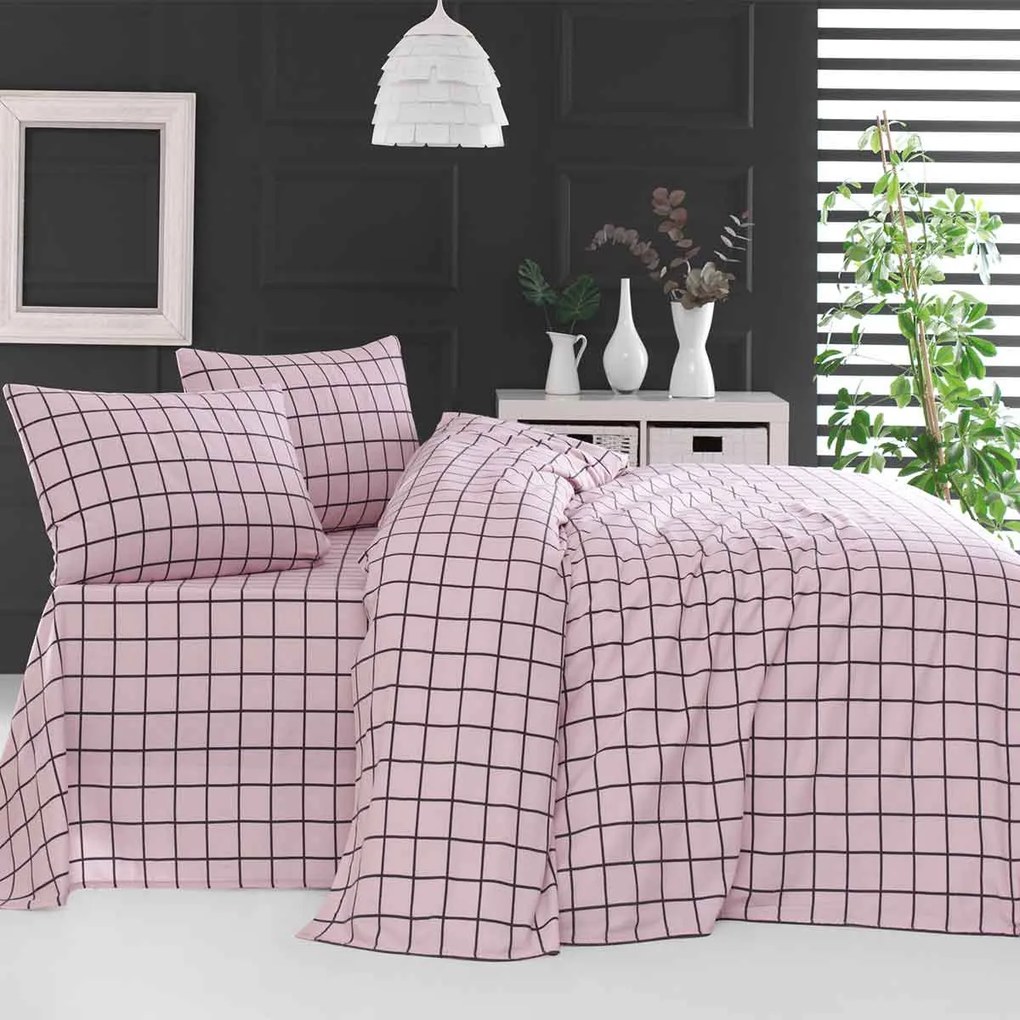 Φανελένια Σεντόνια Μονά (Σετ) Rythmos Squares Pink Ροζ ΜΕ ΛΑΣΤΙΧΟ 105x205+25