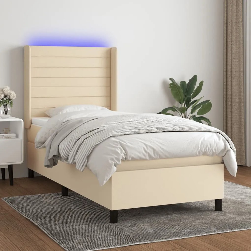 Κρεβάτι Boxspring με Στρώμα &amp; LED Κρεμ 100x200 εκ. Υφασμάτινο