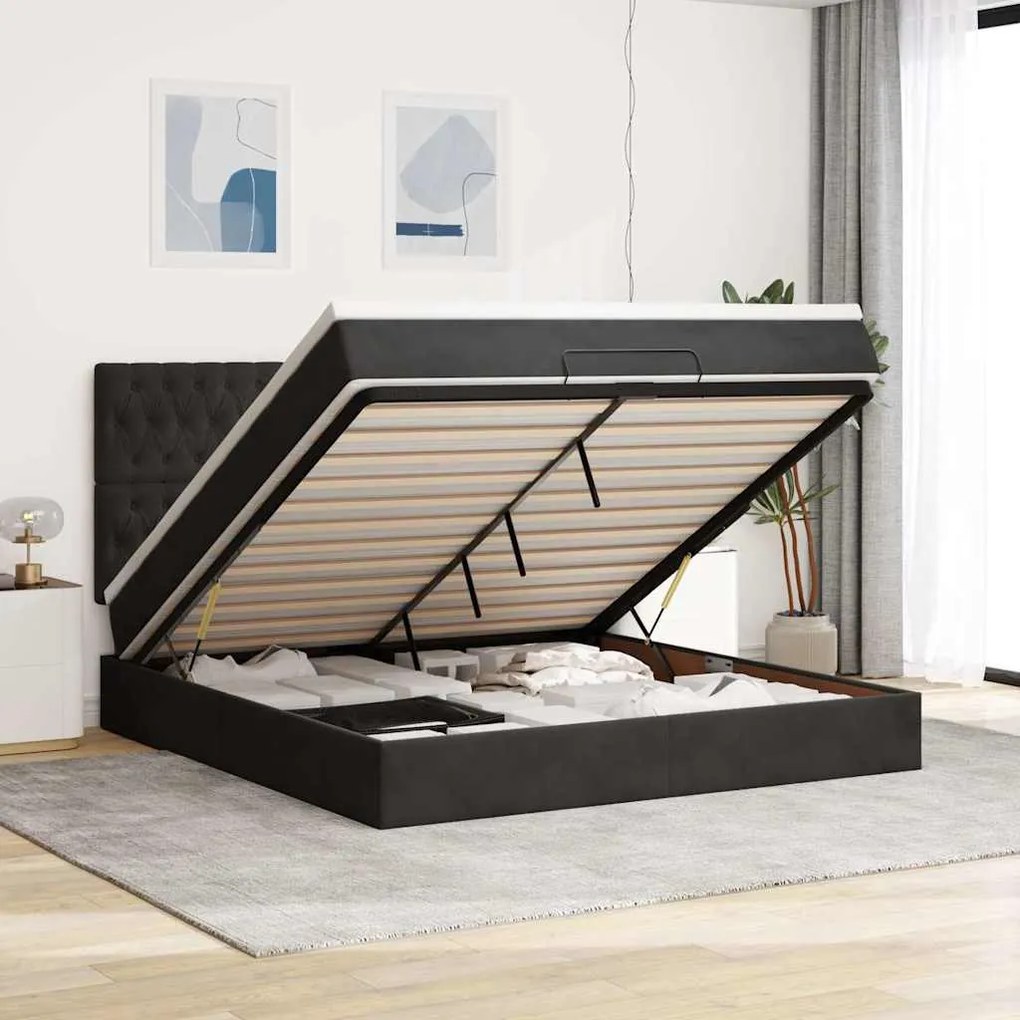 vidaXL Οθωμανικό κρεβάτι με στρώματα &amp; LEDs Μαύρο 160x200cm Velvet