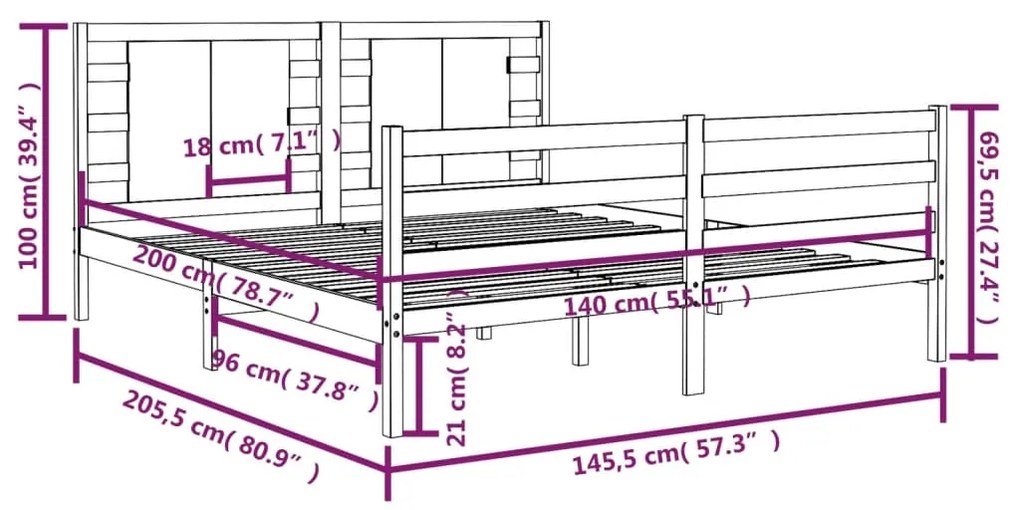 vidaXL Πλαίσιο Κρεβατιού Μαύρο 140 x 200 εκ. από Μασίφ Ξύλο Πεύκου