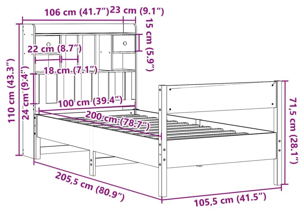 Κρεβάτι Βιβλιοθήκη Χωρίς Στρώμα 100x200 εκ. Μασίφ Ξύλο Πεύκο - Λευκό