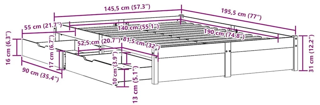 ΣΚΕΛΕΤΟΣ ΚΡΕΒΑΤΙΟΥ ΧΩΡΙΣ ΣΤΡΩΜΑ 140X190 ΕΚ ΜΑΣΙΦ ΞΥΛΟ ΠΕΥΚΟΥ 3301654