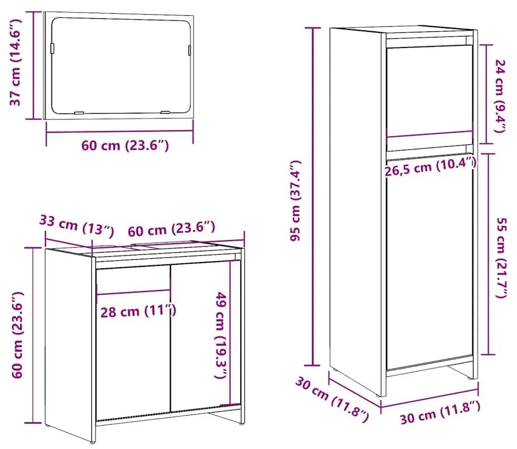 Σετ Επίπλων Μπάνιου 3Τεμαχίων Παλιό Ξύλο από Επεξεργασμένο Ξύλο - Καφέ