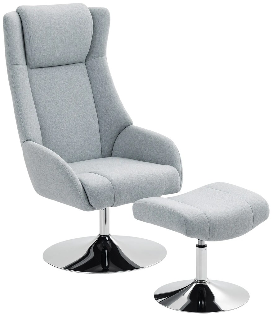 HOMCOM Περιστρεφόμενη Πολυθρόνα με Υποπόδιο, Ανακλινόμενη, Πολυθρόνα με Μπράτσα, για Σαλόνι, Υπνοδωμάτιο, Γκρι