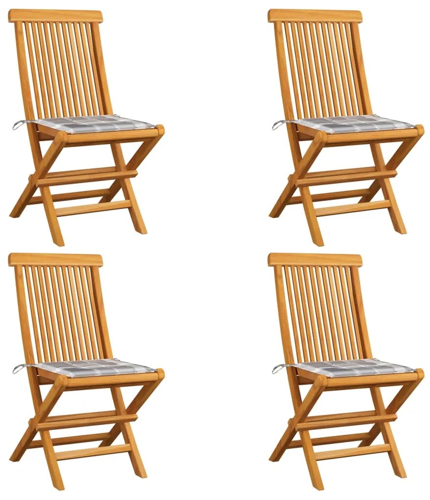 Καρέκλες Κήπου 4 τεμ. Μασίφ Ξύλο Teak με Γκρι Καρό Μαξιλάρια