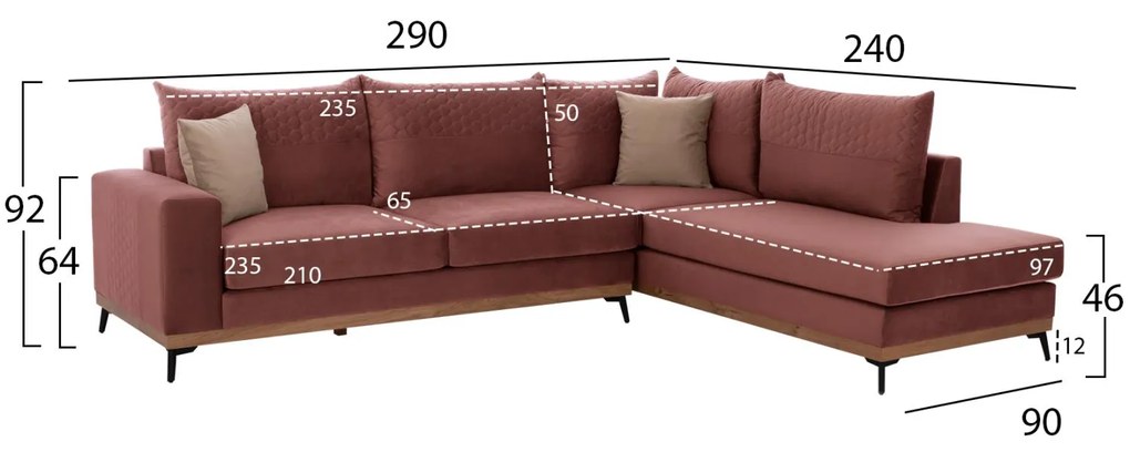 Γωνιακός Καναπές MESINA C3253.02R Δεξιά Γωνία Ύφασμα Αλέκιαστο Σάπιο Μήλο 290x240x94Yεκ. 290x240x94 εκ.