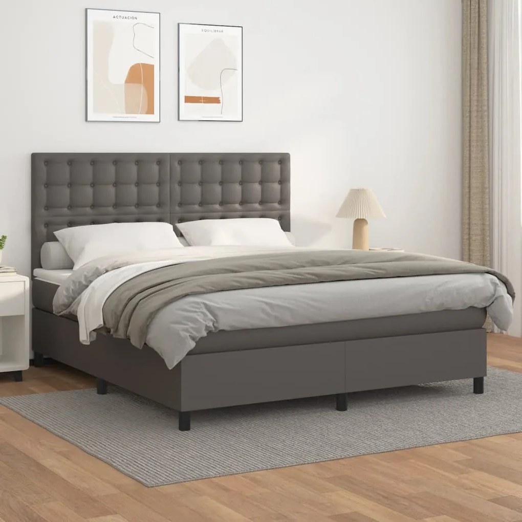 Κρεβάτι Boxspring με Στρώμα Γκρι 180x200 εκ. Συνθετικό Δέρμα