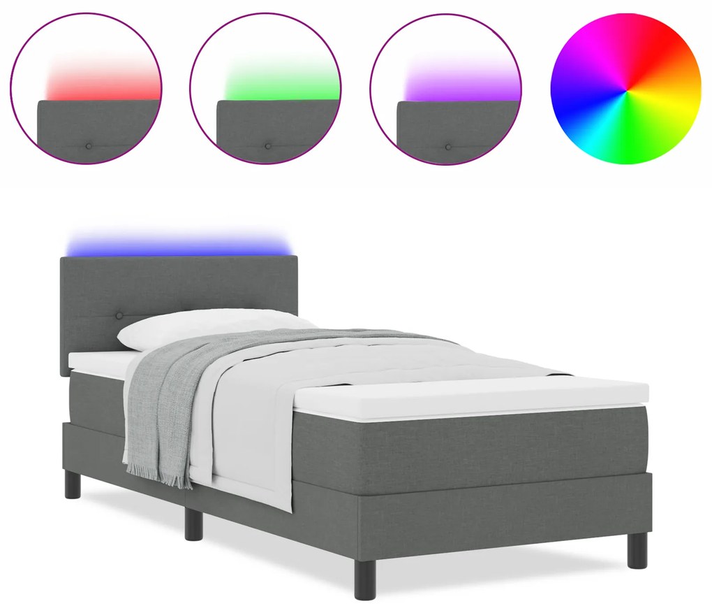 vidaXL κρεβάτι Box Spring με στρώμα & LED γκρι σκούρο 90x200 εκ ύφασμα