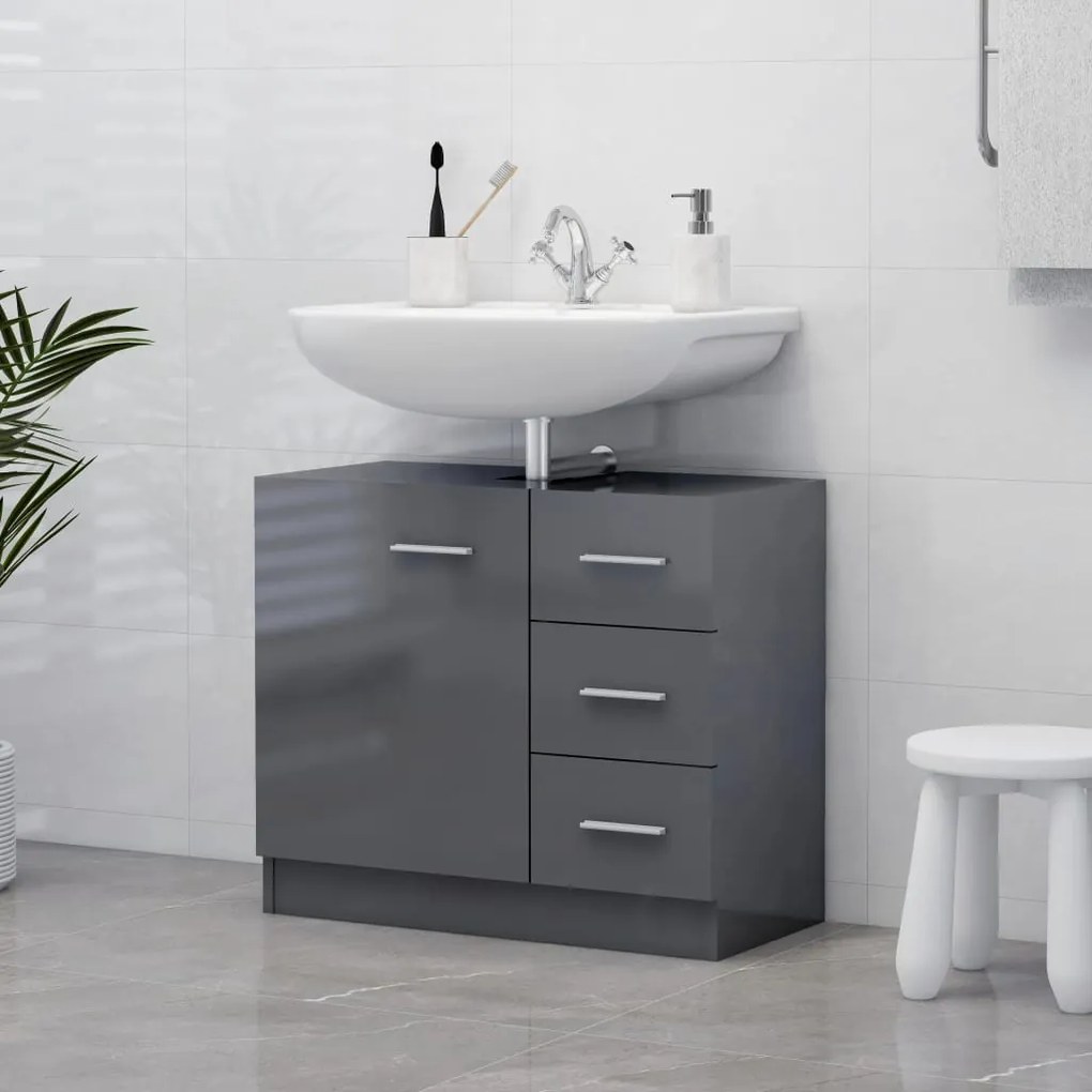 vidaXL Ντουλάπι Νιπτήρα Γυαλιστερό Γκρι 63x30x54 εκ. Μοριοσανίδα