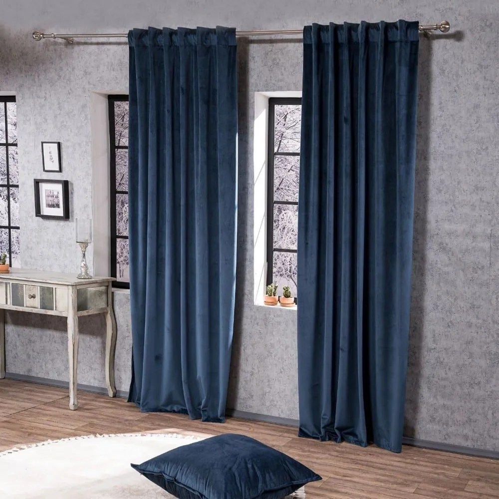 Κουρτίνα Velvet Με Τρέσα 04 Dark Blue 140x260cm Teoran 140X260 Βαμβάκι-Ακρυλικό