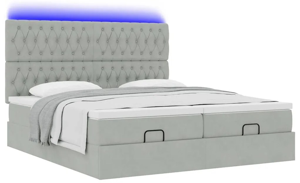vidaXL Οθωμανικό κρεβάτι με στρώματα & LEDs Ανοιχτό γκρι Βελούδο