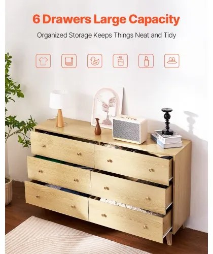 VEVOR 6 Drawer Dresser Wooden Chest of Drawers with Sliding with Anti-tip Device