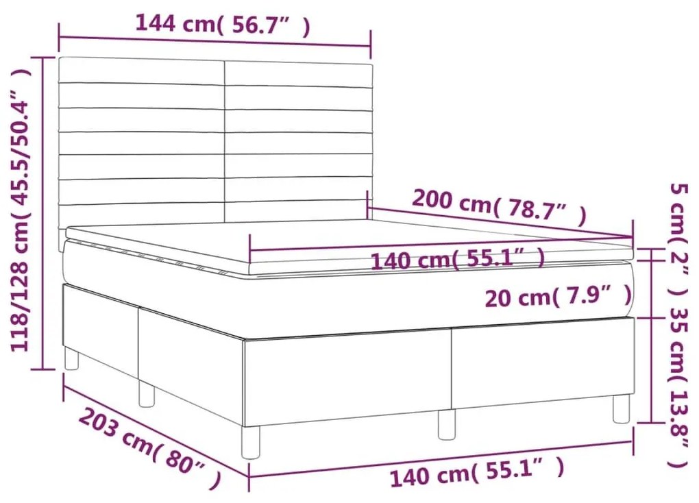 Κρεβάτι Boxspring με Στρώμα &amp; LED Κρεμ 140x200 εκ. Υφασμάτινο - Κρεμ