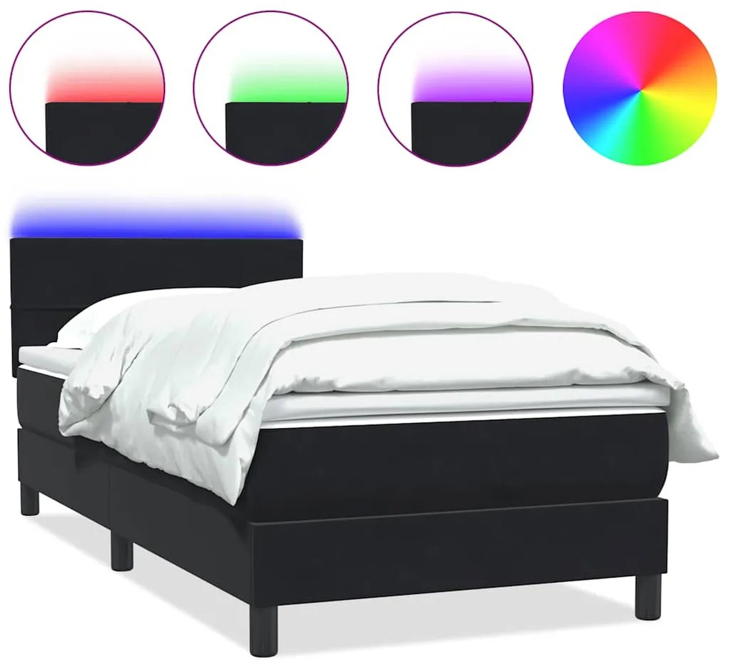 vidaXL Κρεβάτι Boxspring με Στρώμα &amp; LED Μαύρο 90x210 εκ. Βελούδινο