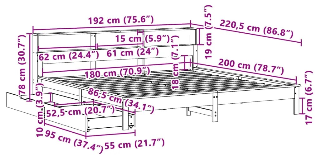 Κρεβάτι Βιβλιοθήκη Χωρίς Στρώμα 180x200 εκ Μασίφ Ξύλο Πεύκου - Καφέ