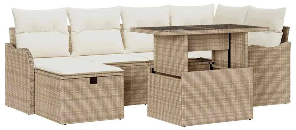 vidaXL Σετ Καναπέ Κήπου με μαξιλάρι 7 pcs Μπεζ Πολυ ράταν
