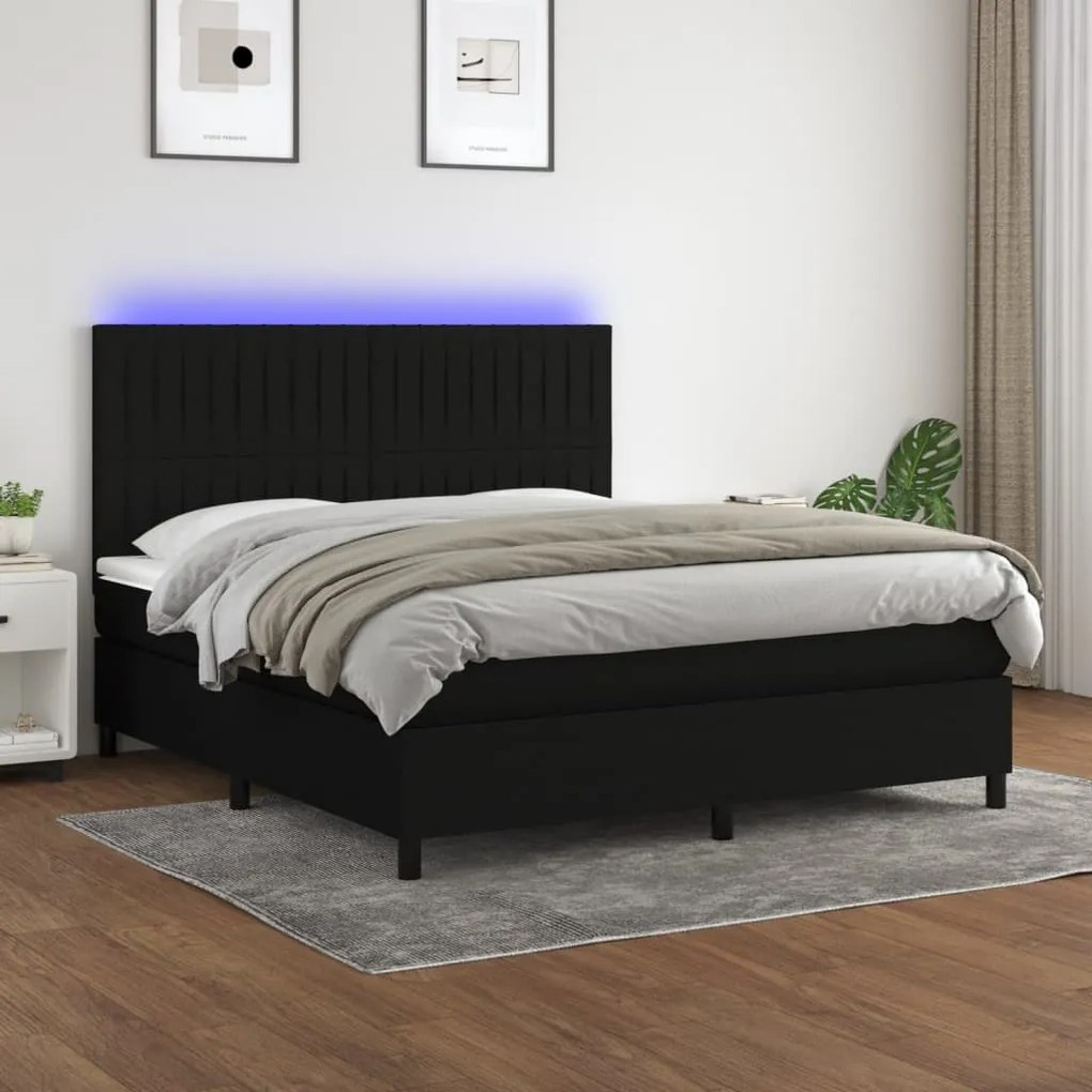 Κρεβάτι Boxspring με Στρώμα & LED Μαύρο 160x200 εκ. Υφασμάτινο