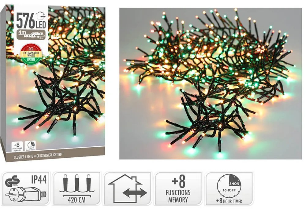 576 Φωτάκια LED - 4 Μέτρα + 3 Μέτρα σύνδεσης , Πυκνή Διάταξη, με χειριστήριο, 8 προγράμματα, Μαύρο καλώδιο PVC - Πολύχρωμο