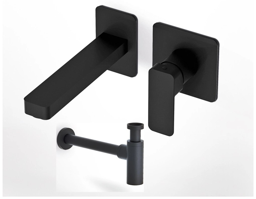 Eurorama Quadra Black Matt Μπαταρία Νιπτήρος Εντοιχισμού 2 Οπών+Σιφών