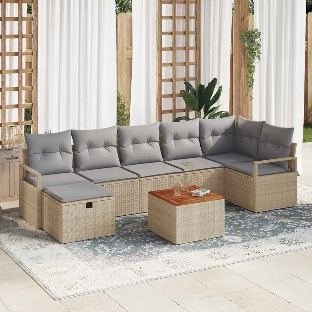 vidaXL Σετ Καναπέ Κήπου με μαξιλάρι 8 pcs Μπεζ Πολυ ράταν