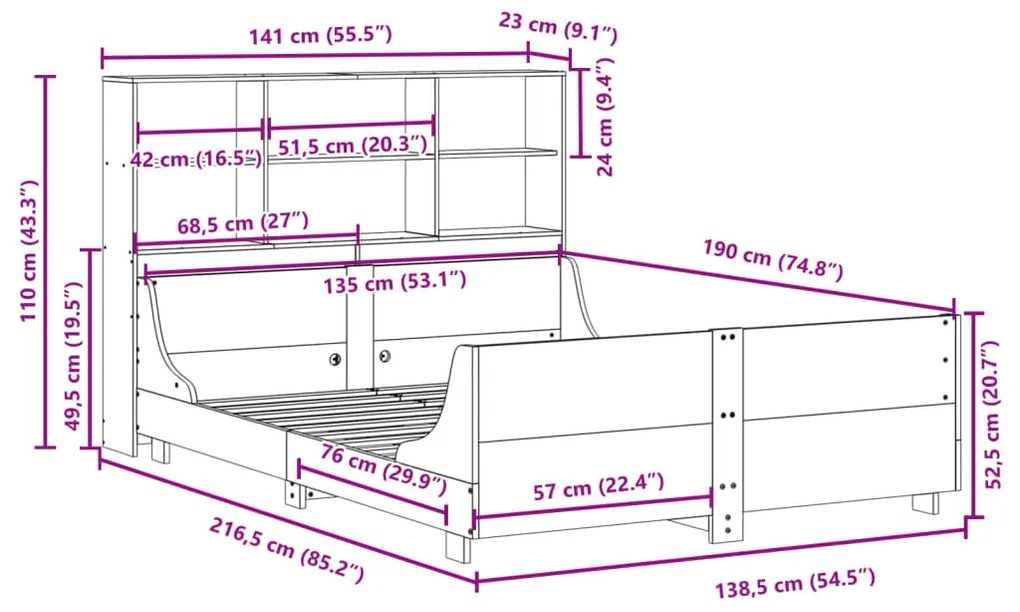 Κρεβάτι Βιβλιοθήκη Χωρίς Στρώμα Λευκό 135x190 εκ Μασίφ Πεύκο - Λευκό