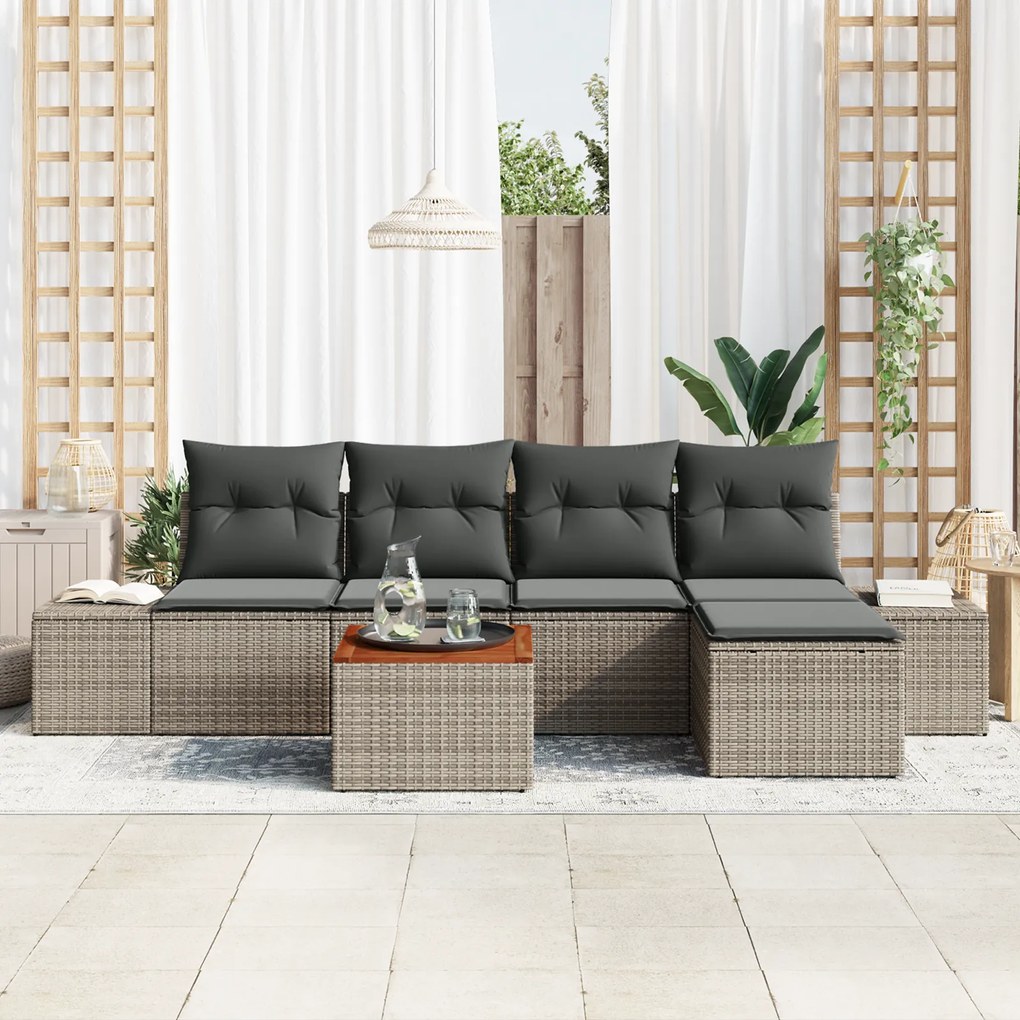 vidaXL Σετ καναπέ κήπου 6 pcs Γκρι Ρατάν, Πολυεστέρας μαξιλάρια