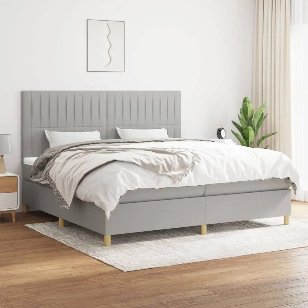 Κρεβάτι Boxspring με Στρώμα Ανοιχτό Γκρι 200x200 εκ. Υφασμάτινο