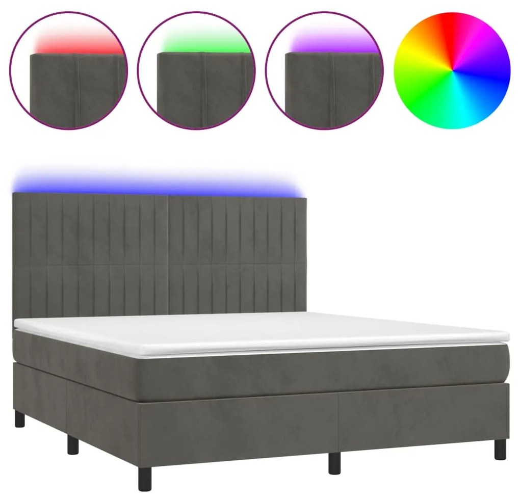 vidaXL Κρεβάτι Boxspring με Στρώμα & LED Σκ. Γκρι 180x200εκ. Βελούδινο