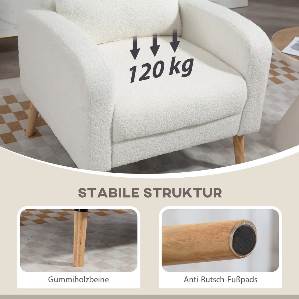 HOMCOM Μοντέρνα πολυθρόνα, πολυθρόνα με πόδια από καουτσούκ, οσφυϊκό μαξιλάρι, για σαλόνι, υπνοδωμάτιο, γραφείο, λευκό