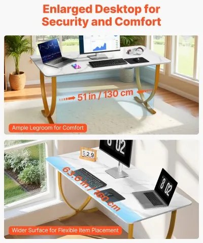 VEVOR Executive Desk, 160 cm W x 80 cm D Large Office Desk, Modern Computer Table Conference Meeting Room Table, Business Furniture Enlarged Desktop for Home Office, White and Gold
