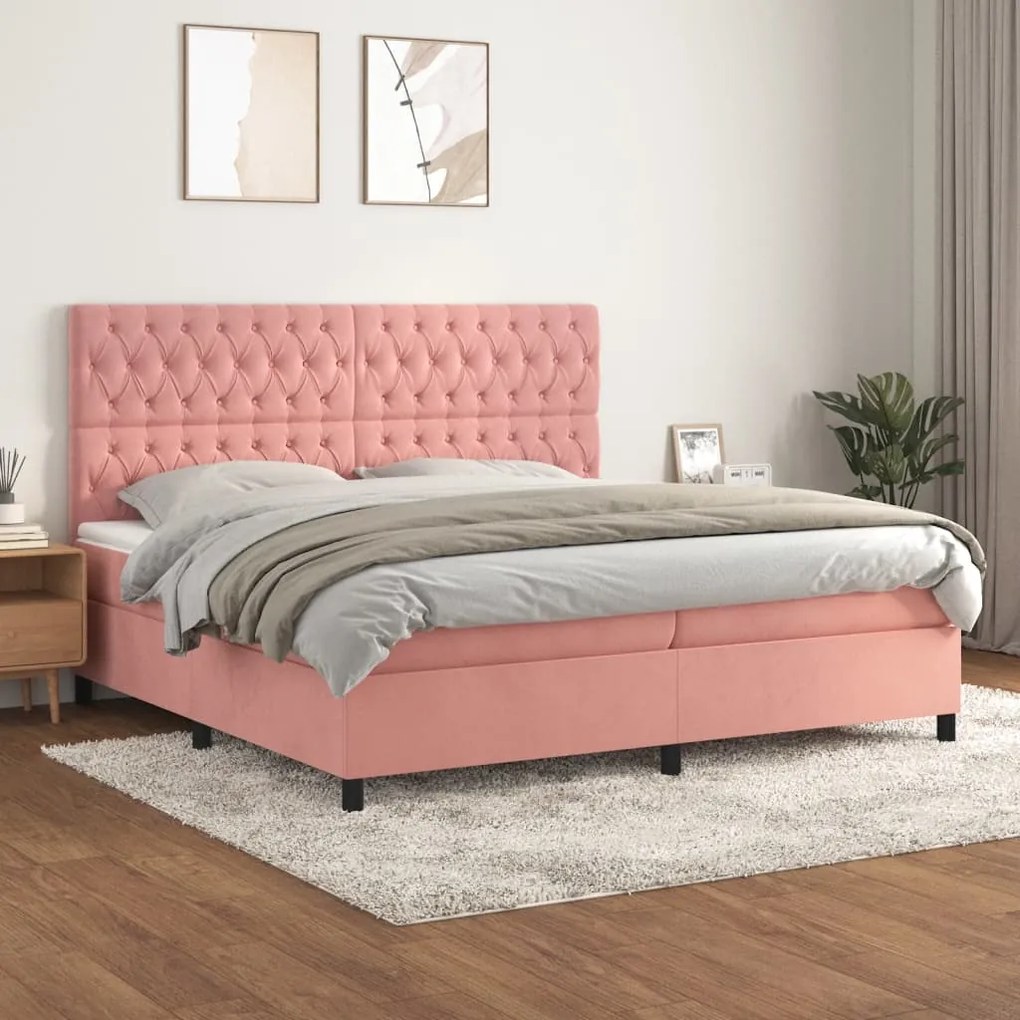 vidaXL Κρεβάτι Boxspring με Στρώμα Ροζ 200x200 εκ. Βελούδινο