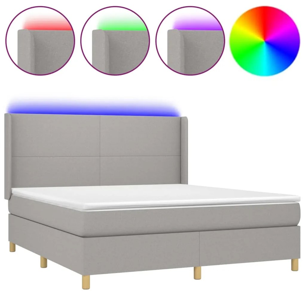 vidaXL Κρεβάτι Boxspring με Στρώμα & LED Αν.Γκρι 180x200εκ. Υφασμάτινο