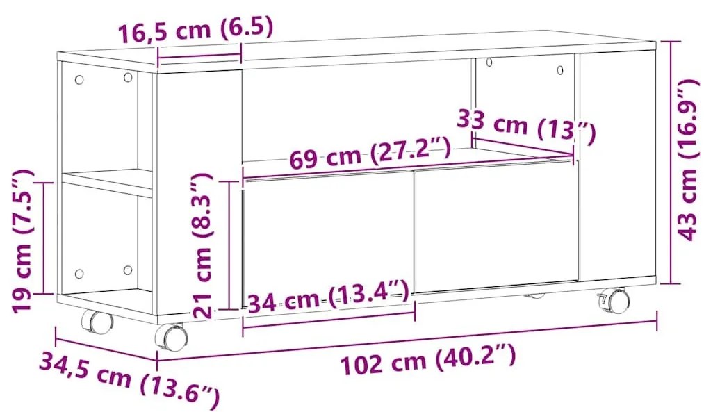 Ντουλάπι τηλεόρασης με ρόδες Μαύρη Δρυς 102x34,5x43 cm - Μαύρο