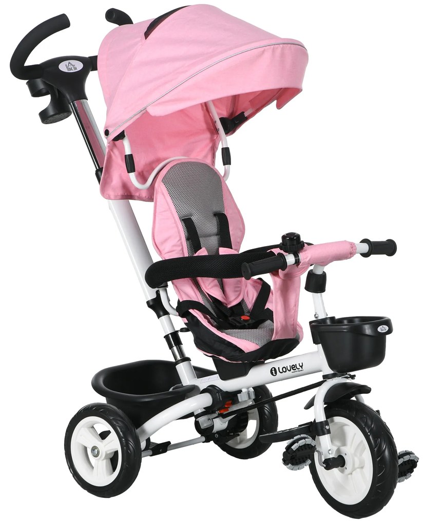 HOMCOM 6-in-1 παιδικό τρίκυκλο με ράβδο ώθησης, κουκούλα, ζώνη, καλάθι αποθήκευσης, 18+ μηνών, Ροζ